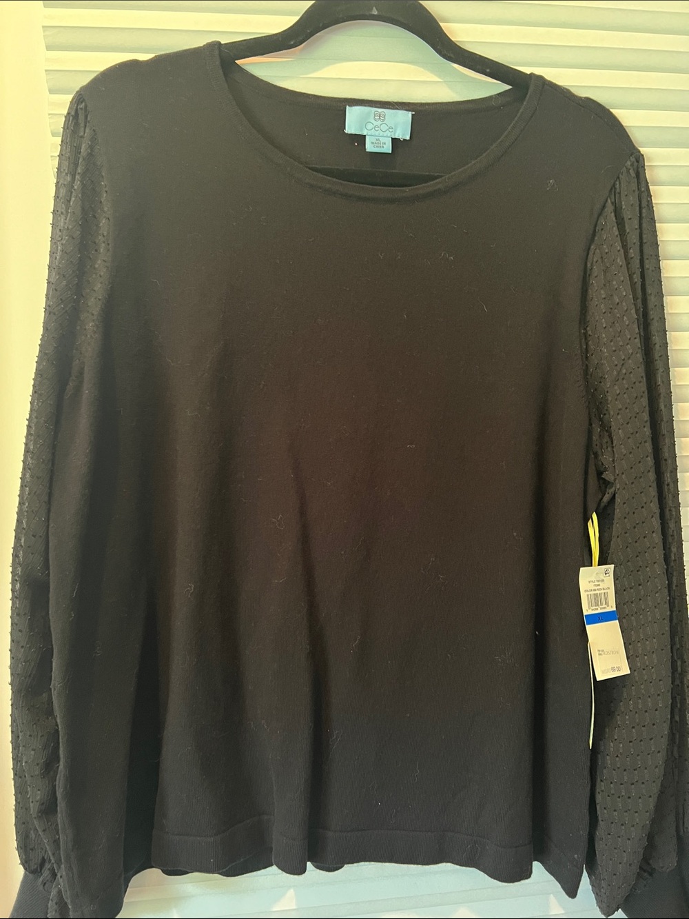 CeCe Black Crewneck Womens Sweater with Textured Sleeves
